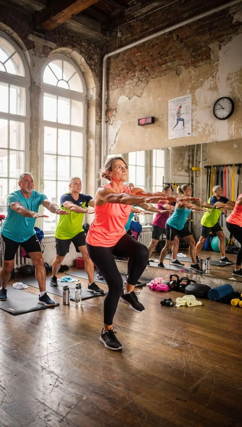 Felnőttek, akik otthon végzik az edzést, laptop előtt ülve, figyelve az edzőre.
