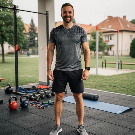 Felnőtt sportoló, aki online edzés közben funkcionális mozgásokat végez.